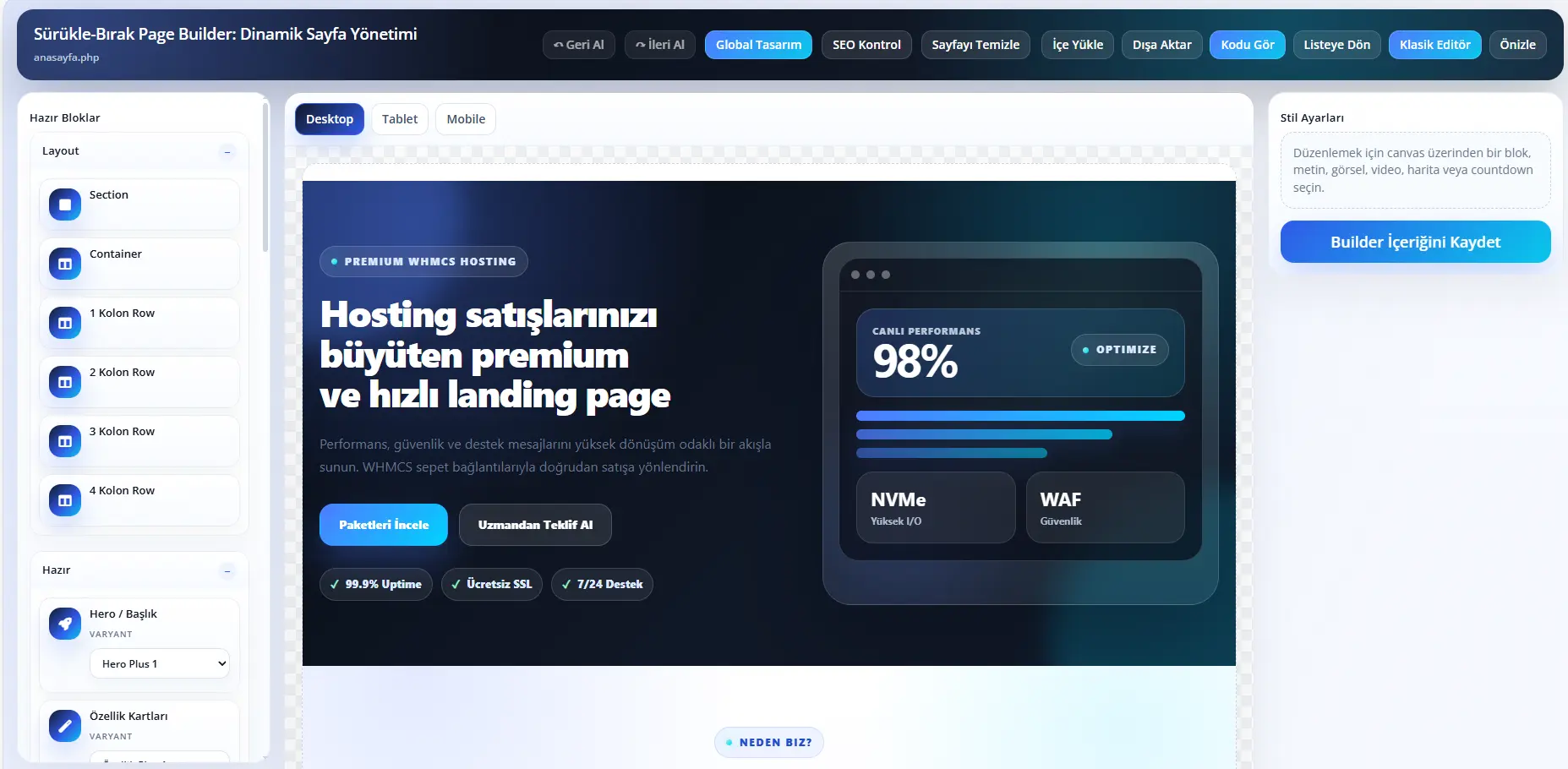 WHMCS Page Builder ile hazırlanmış SEO uyumlu landing page görünümü